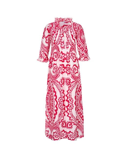 At Last Red Cotton Annabel Maxi Dress In & White Ikat