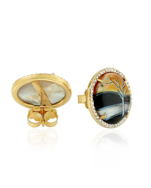 Artisan Multicolor 18k Yellow Gold Mother Of Pearl Natural Diamond Stud Earrings Jewelry