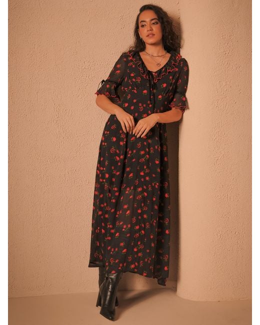 Rose & Nancy Red Toni Rose Print Velvet Tie Maxi Dress