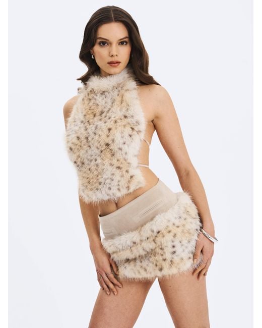 Miss Circle New York Gray Neutrals Sasha Tan Cheetah Backless Contoured Fur Halter Top