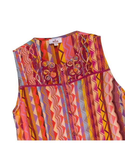 Niza Red Striped Blouse With Lace-Up Neckline And Long Sleeves