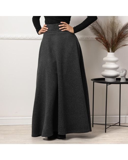 Nikka Place Black Long Wool A-Line Skirt With High Waist And Pockets