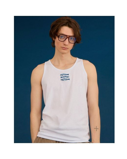 INGMARSON White Sardines Embroidered Organic Cotton Tank Top for men