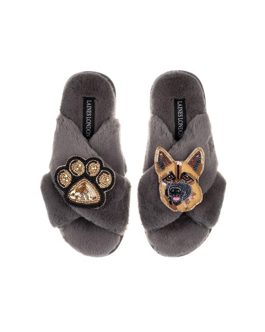 Laines London Brown 'Classic Laines Slippers With Roxy The German Shepherd & Paw Brooches