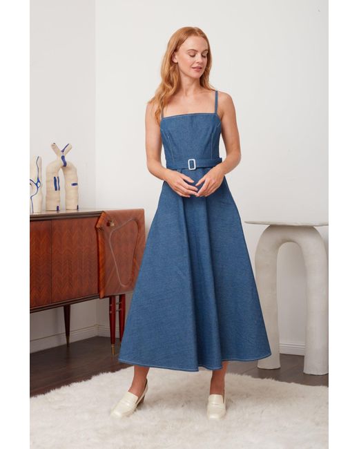 Undress Blue Matissa Denim Midi Dress With Retro Circle Skirt