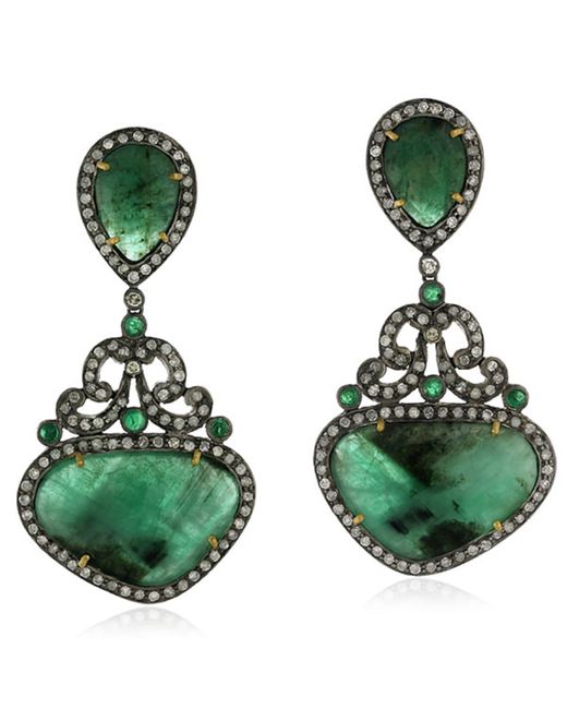 Artisan Green Unshaped Emerald & Diamond In 18k Solid Gold With Silver Vintage Dangle Earrings