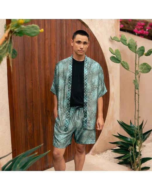ORIGIN OF HEARTS Green Blu Satin Kimono Cardigan For Elevated Layering for men