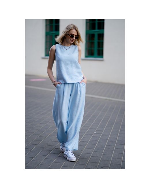 Oh!Zuza Blue Matte Viscose Top & Wide-Leg Trousers Set