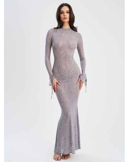 Miss Circle New York Gray Waylynn Animal Print Burnout Velvet Detail Mesh Backless Maxi Dress
