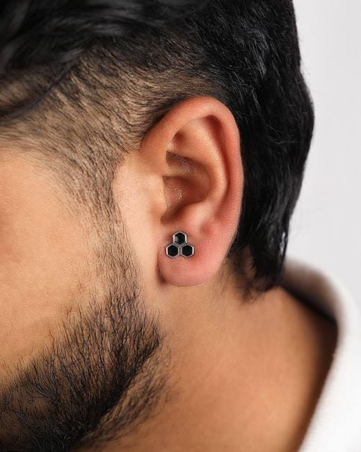 The Jewelz Black Triple Hexagon Enamel Stud Earrings for men