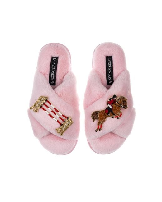 Laines London Pink Classic Laines Slippers With Show Jump Horse Brooches