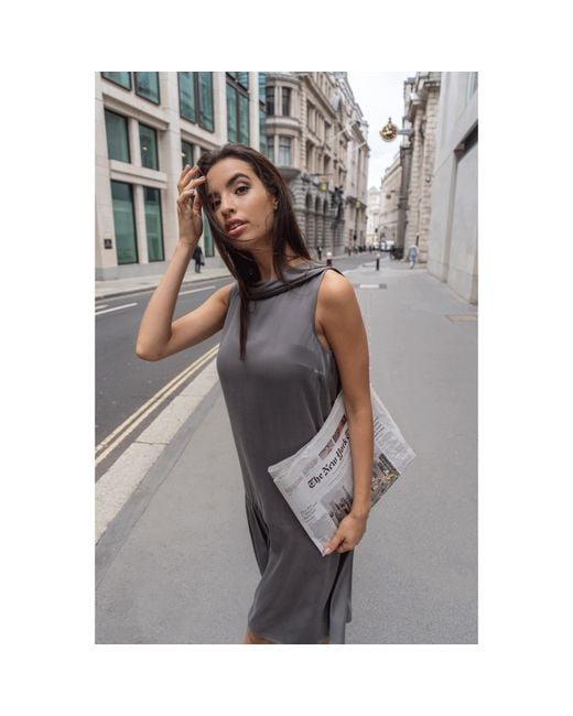 Femponiq Gray Roll Collar Dress With Cutaway Neck
