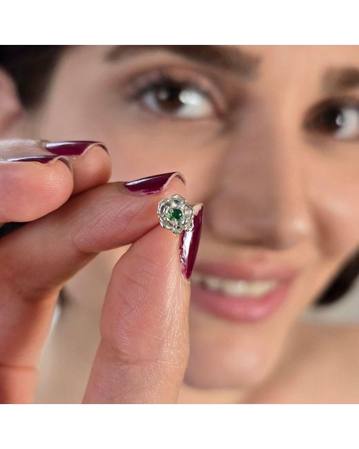 Harfi Green Emerald May Birthstone Hawthorn Birthflower Sterling Stud Earrings