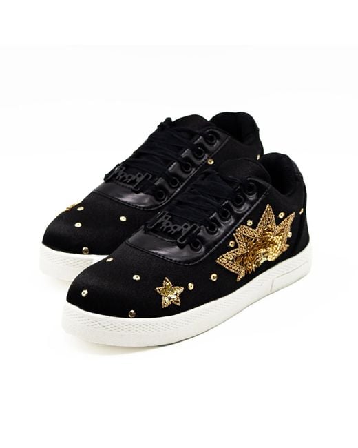 Rettrose Black Emiliana Luxury Satin Handmade Embellished Tennis Shoe