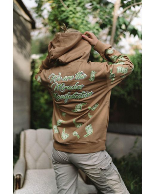 Miracles Manifester Gray Manifestation Embroidered Hoodie With Rhinestone Design