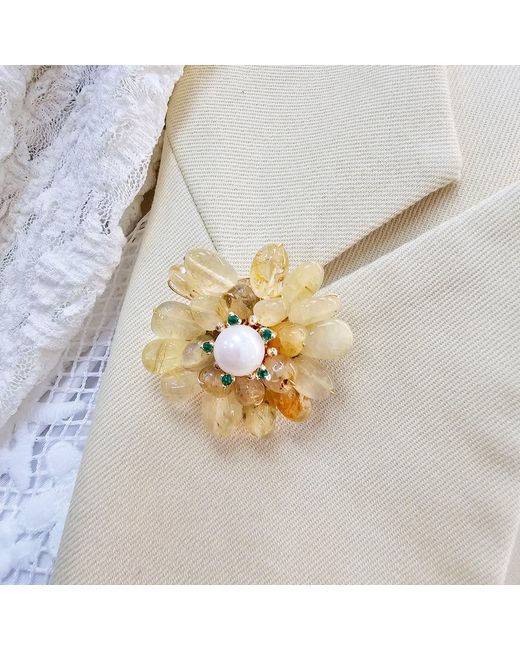Farra Metallic Prosperity Citrine Beads Flower Brooch