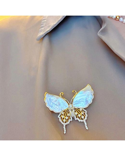 Angel Barocco Metallic Natural Shell Diamond Butterfly Brooch