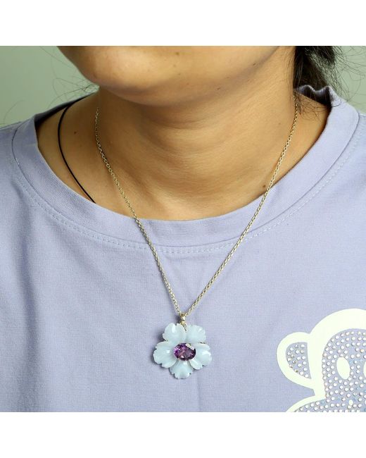 Artisan Blue 14K Carved Chalcedony & Amethyst Flower Pendant
