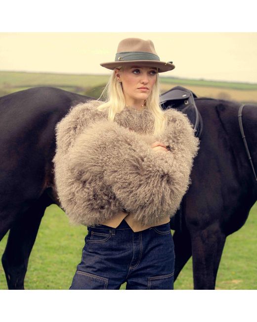 Shaded the Label Brown Neutrals Lamorna Khaki Mongolian Shearling Multiway Micro Jacket
