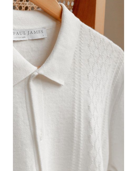 Paul James Knitwear White Organic Cotton Dante Linen Patterned Shirt for men