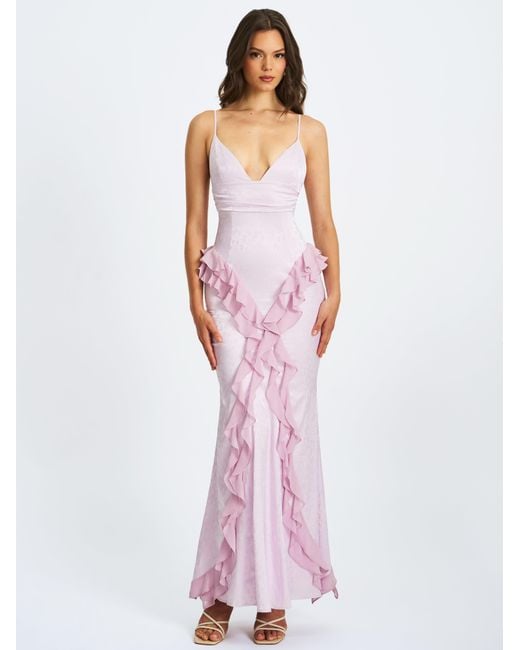 Miss Circle New York Purple Paolina Taro Jacquard Ruffle Mermaid Maxi Dress