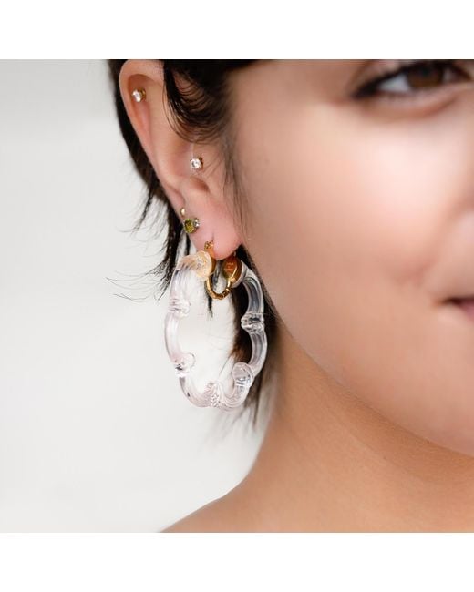 Gold & Honey White Flower Bamboo Lucite Hoop Earrings