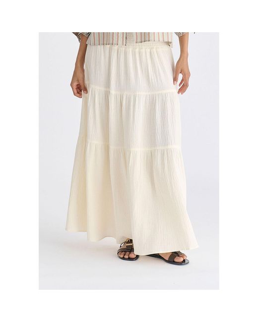 Paisie Natural Cheesecloth Shirred Waist Tiered Maxi Skirt