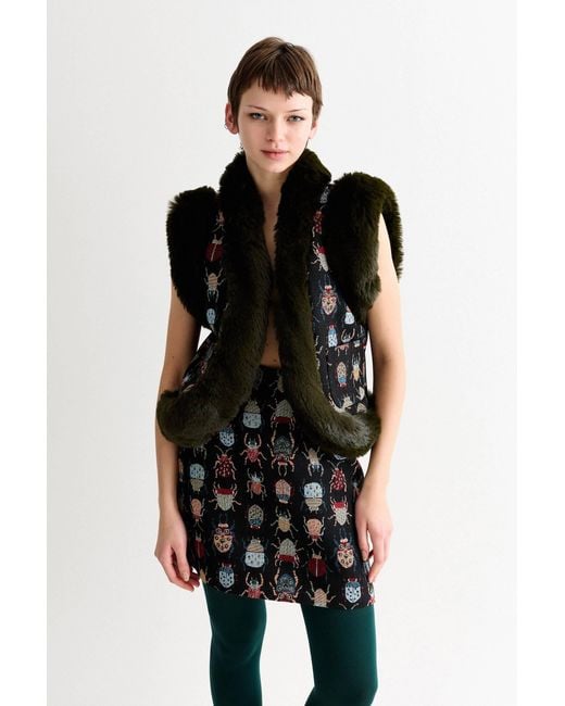 Louche Green Dominica Beetlejuice Jacquard Faux Fur Trimmed Waistcoat