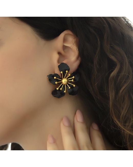Milou Jewelry Black Magnolia Flower Earrings