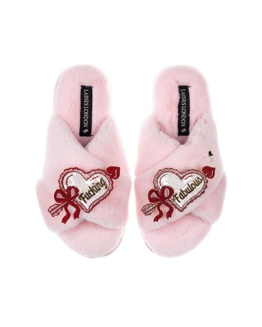 Laines London Pink Classic Laines Slippers With Fucking Fabulous Hearts Brooches