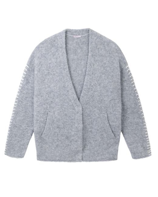 Mamu Dream Gray Soft Marl Alpaca Blend Cardigan With Ivory Stitch Detail