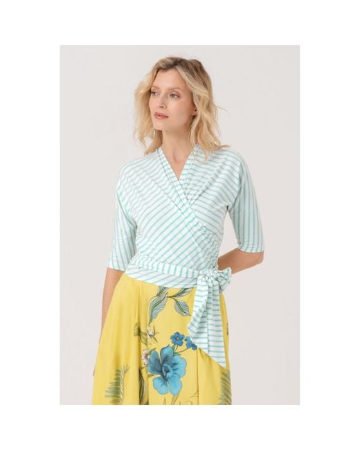 Marianna Déri Blue Mint Cream Striped Wrap Top