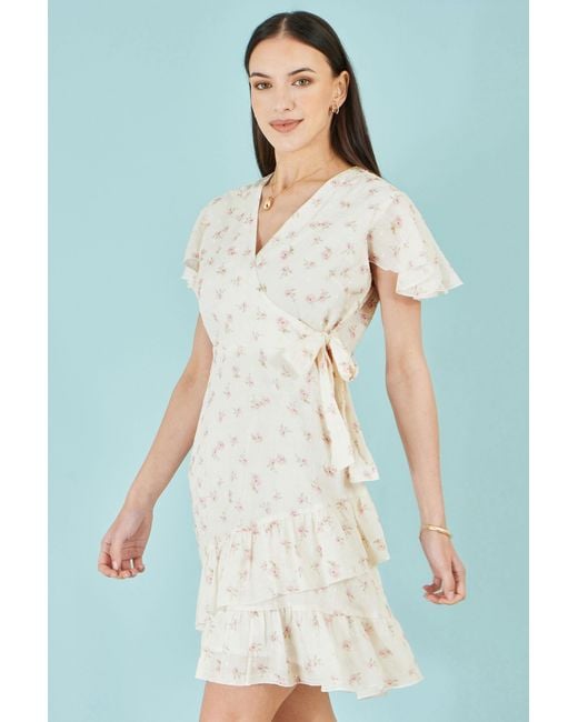Yumi' Natural Rose Print Wrap Over Frill Dress
