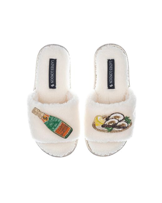 Laines London Metallic Teddy Toweling Slipper Sliders With Champers Bottle & Oyster Brooches