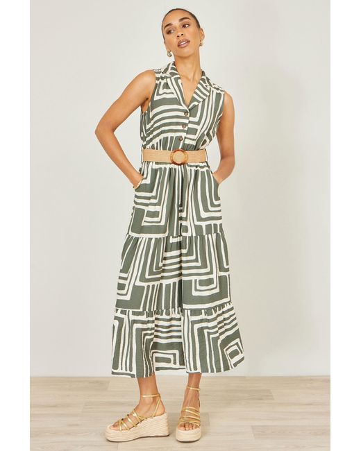 Yumi' Green Viscose Geo Print Midi Shirt Dress With Matching Belt