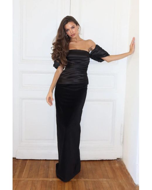 POST MERIDIEM Black Maxi Dress With Draped Bodice & Sleeves