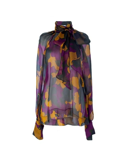 Rua & Rua Multicolor Sheer Silk Shirt Blouse With Bow Collar Multicolour