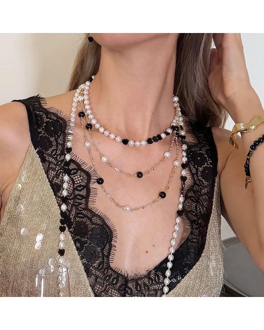 Farra White Obsidian And Pearls Long Necklace