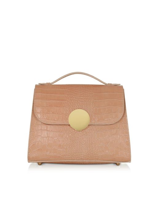 Le Parmentier Natural Neutrals Bombo Croco Embossed Leather Top-Handle Satchel Bag W/Strap