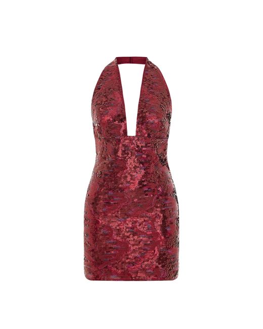 Pcfg Red Sequin Neck Tie Dress With Side Slit