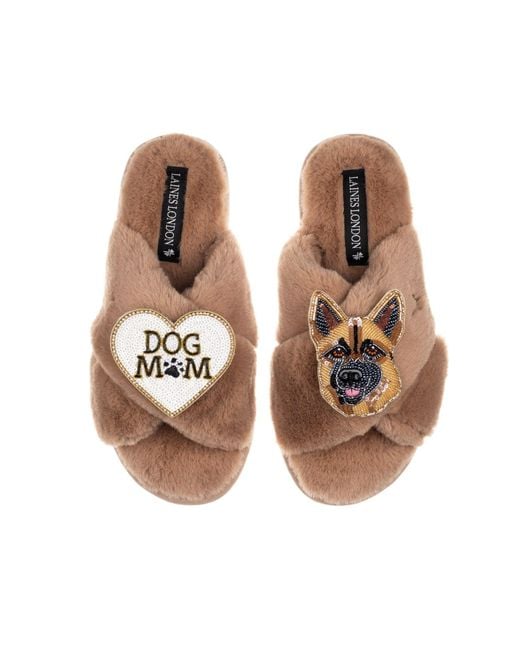 Laines London Brown Neutrals Classic Laines Slippers With Roxy The German Shepherd & Dog Mum/Mom Brooches