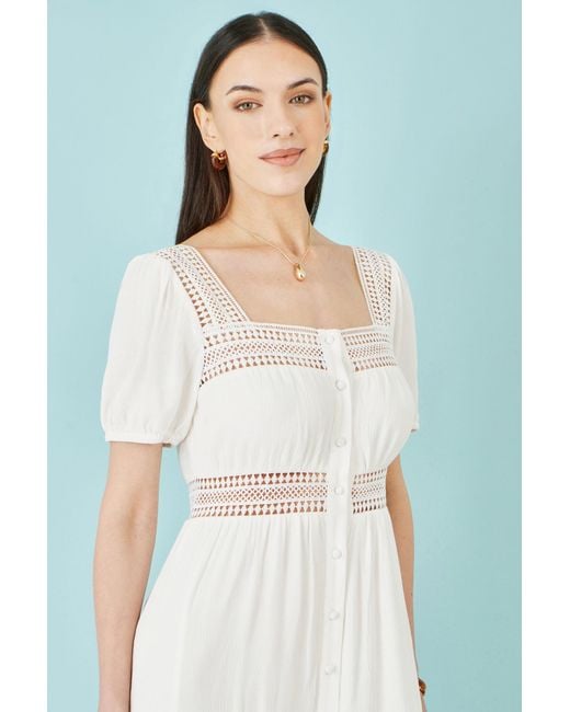 Yumi' White Cotton Square Neckline Lace Midi Dress