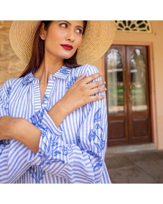 NoLoGo-chic Blue Tourist Hand Printed Stripe Linen Tunic Dress