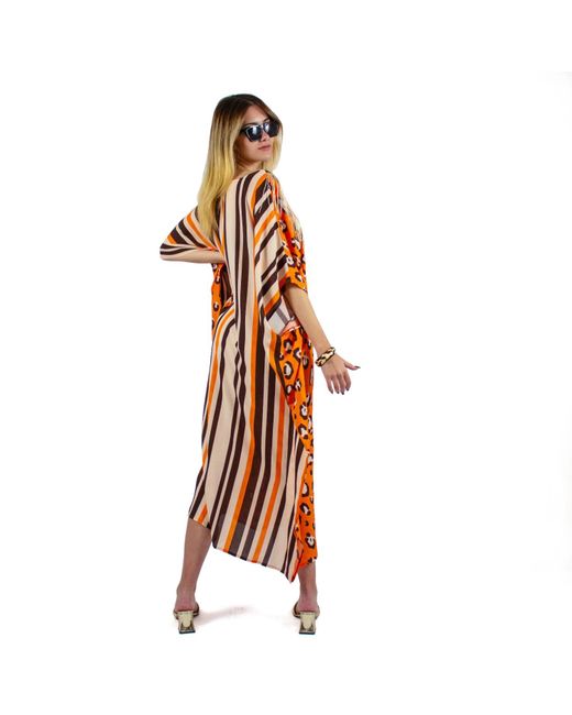 Lalipop Design Orange Leopard Print Viscose Kaftan With Fringe Details