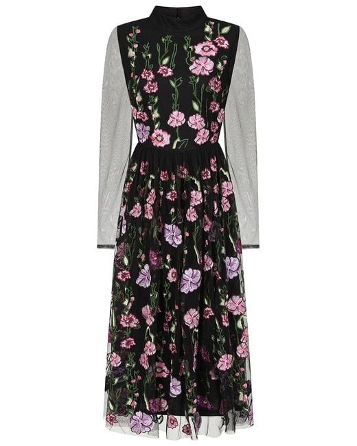 Frock and Frill Black Raena Floral Embroidered Midi Dress