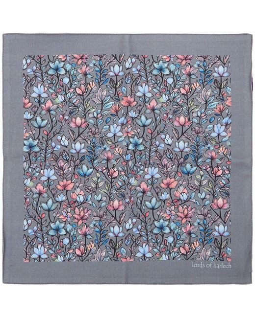 Lords of Harlech Blue Hudson Mystic Floral Merino Handkerchief Pocket Square for men