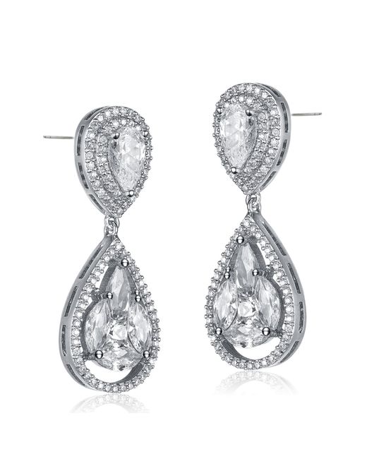 Genevive Jewelry Metallic Sterling Silver White Gold Plated Howlite Cubic Zirconia Halo Drop Earrings