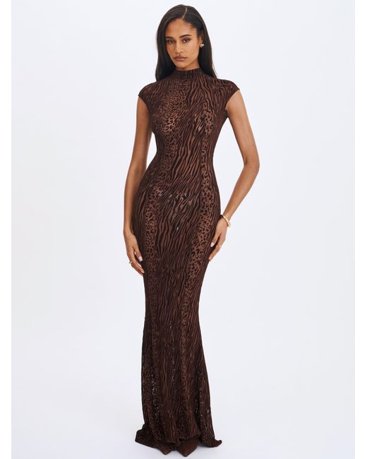 Miss Circle New York Gray Tyanna Mocha Burnout Velvet Mesh Backless Mermaid Maxi Dress