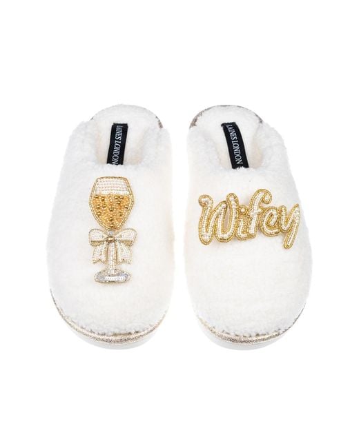 Laines London White Neutrals Teddy Closed Toe Slippers With Wifey & Champagne Brooches