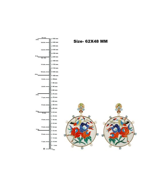 Artisan Blue Floral Inlay Disc Earrings With Multi Gemstones & Pearl
